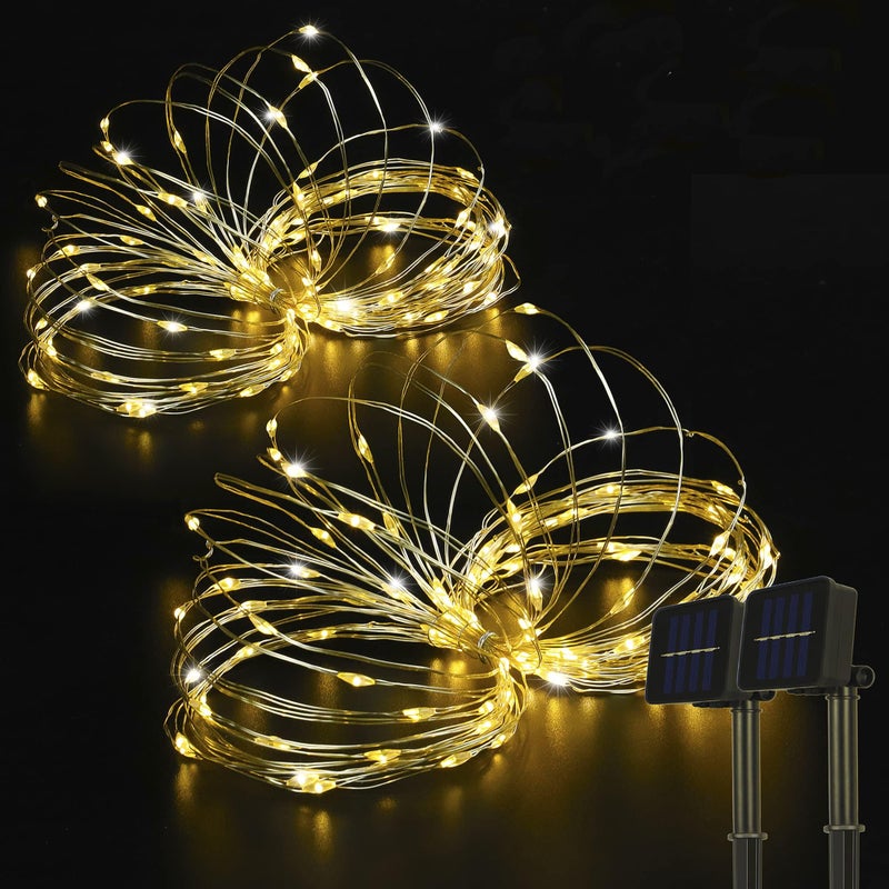BEEWIN 2 Pack 33ft 100 LED Solar Copper String Lights,8 Modes Christmas Fairy Lights Waterproof IP65 Twinkle Lighting Indoor Outdoor Fairy Firefly Light Auto ON/Off (Warm White) - Image 1